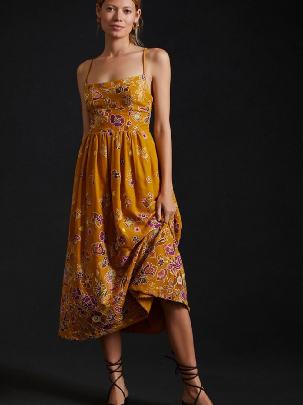 Anthropologie Embroidered Gold Floral Midi Dress with Low Back and Pockets